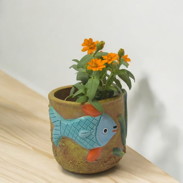 CLAYBI Aquaey the Flower: Terracotta Animal Planter for Home, Office, and Garden (7+ Inches)