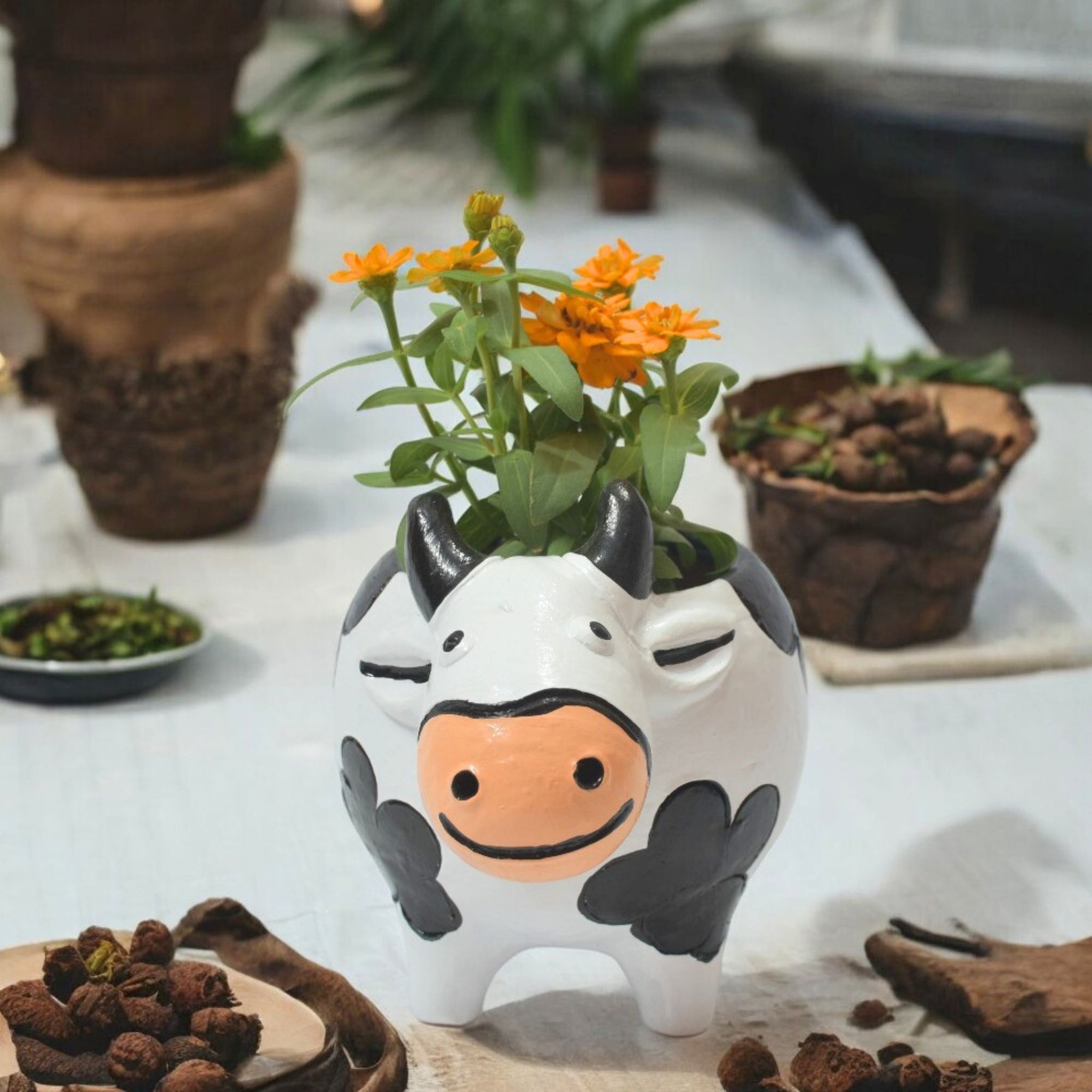 CLAYBI Buttercup the Cow: Terracotta Animal Planter for Home, Office, and Garden (7+ Inches)