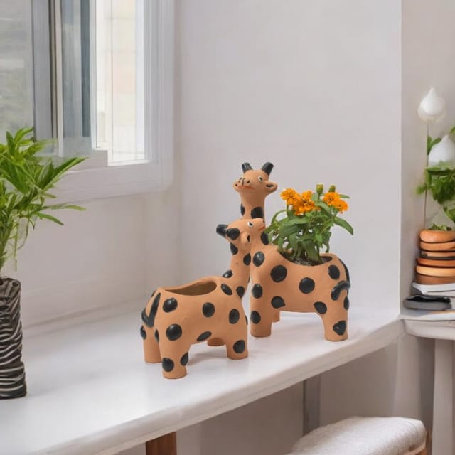 CLAYBI Sophie the Giraffe Pair: Terracotta Animal Planter for Home, Office, and Garden (7+ Inches)