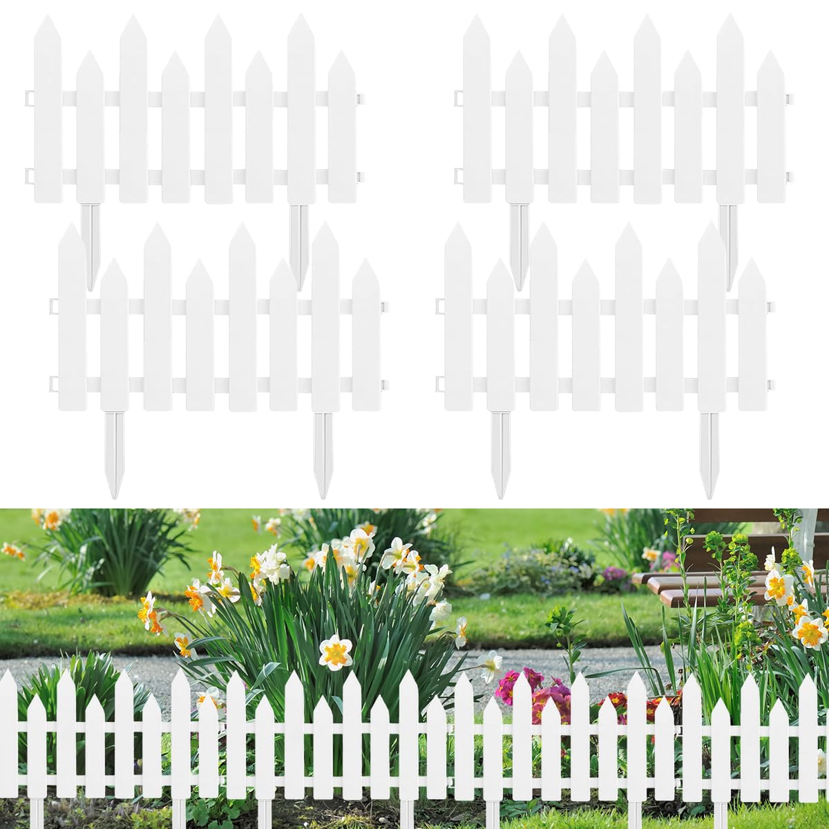 Outdoor Garden Fence Border - Garden Edging Fence Decorative - White Garden Picket Fence Panels - Resistant PVC Garden Fence Decorative - Flower Bed Fencing for Pathway, Yard, Lawn (4 Pcs)